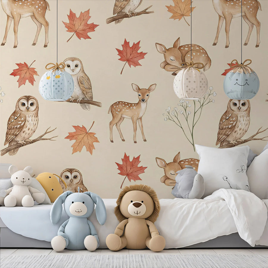 Autumn Woodland Animals Mural Wallpaper — Watercolor Forest Pattern Mural Wallpaper