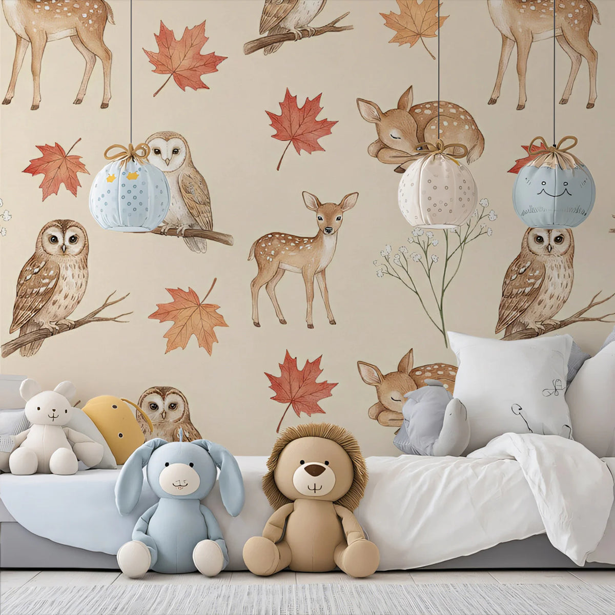 Autumn Woodland Animals Mural Wallpaper — Watercolor Forest Pattern Mural Wallpaper - pure wallpaper artwork