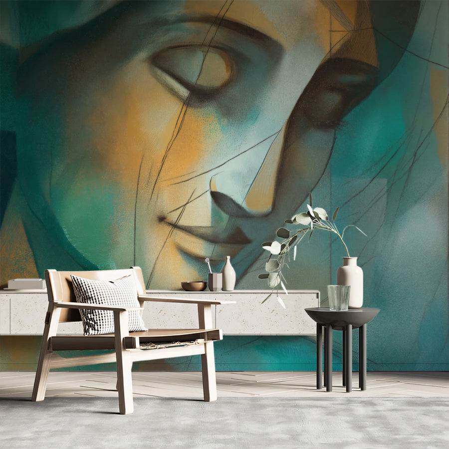Abstract Cubist Portrait Mural Wallpaper in Teal and Ochre Mural Wallpaper