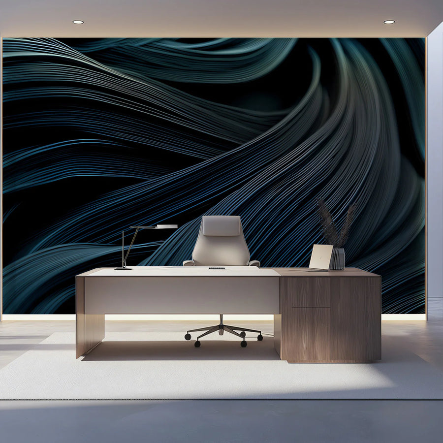 Fluid Teal Abstract Lines Mural Wallpaper — Modern Flowing Texture Mural Wallpaper