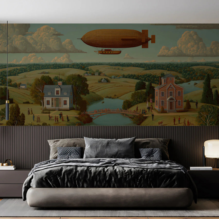 Vintage Airship Landscape Mural Wallpaper for Storybook Interiors Mural Wallpaper