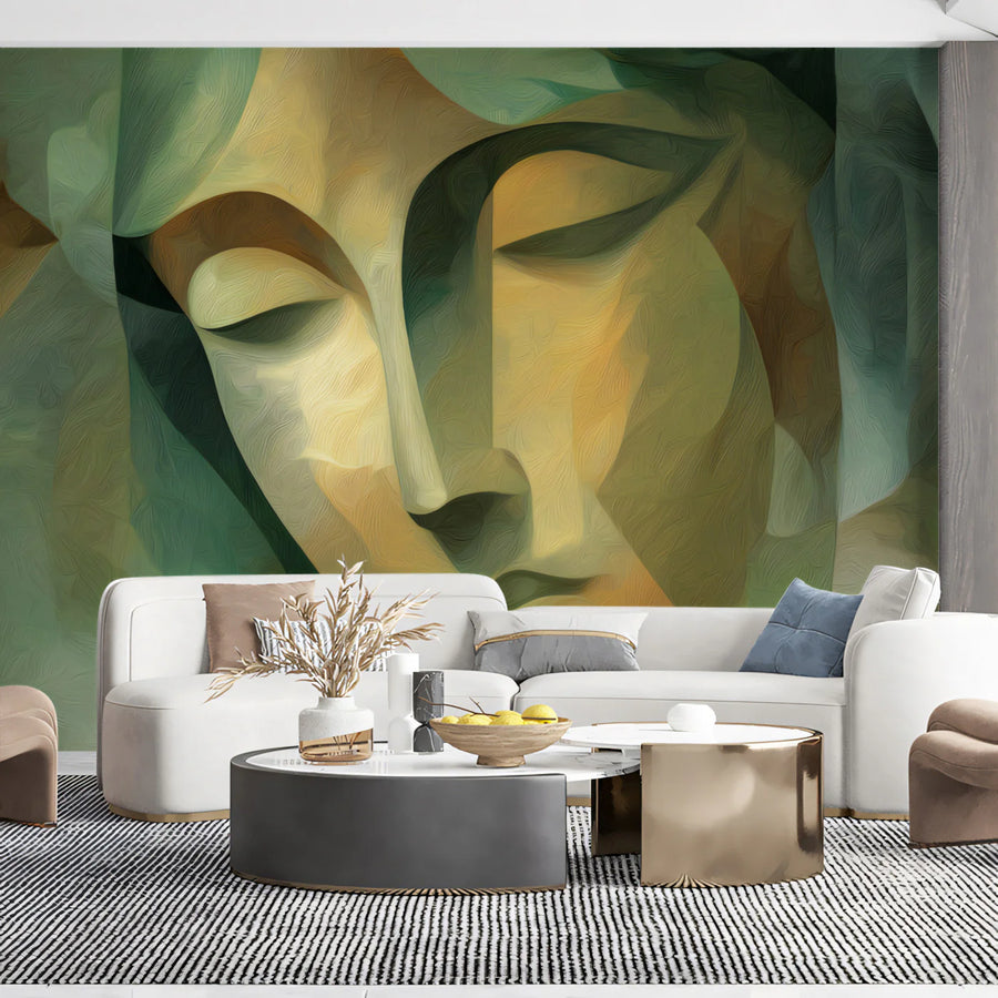 Cubist Portrait Mural Wallpaper — Artistic Green and Gold Mural Wallpaper