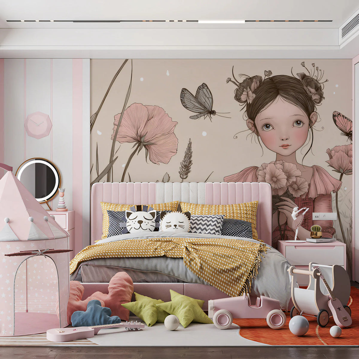 Girl and Poppies Floral Mural Wallpaper — Whimsical Illustration Mural Wallpaper - pure wallpaper artwork
