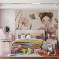 Girl and Poppies Floral Mural Wallpaper — Whimsical Illustration Mural Wallpaper - pure wallpaper artwork