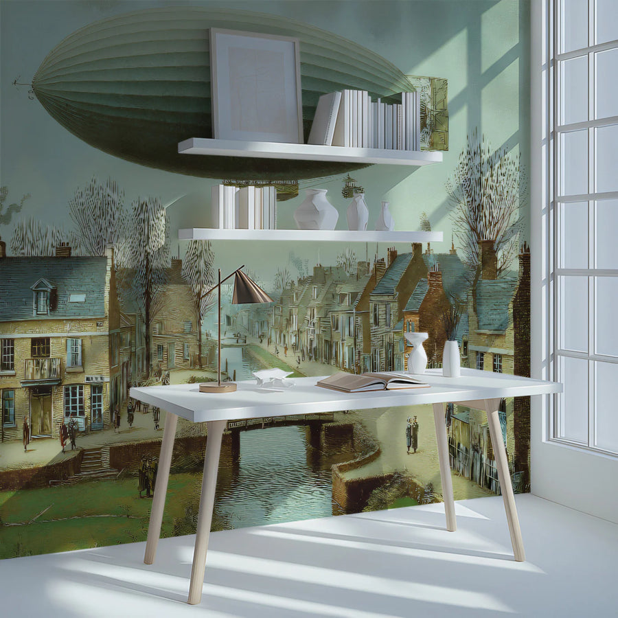 Vintage Airship Village Mural Wallpaper — Whimsical Canal Scene Mural Wallpaper