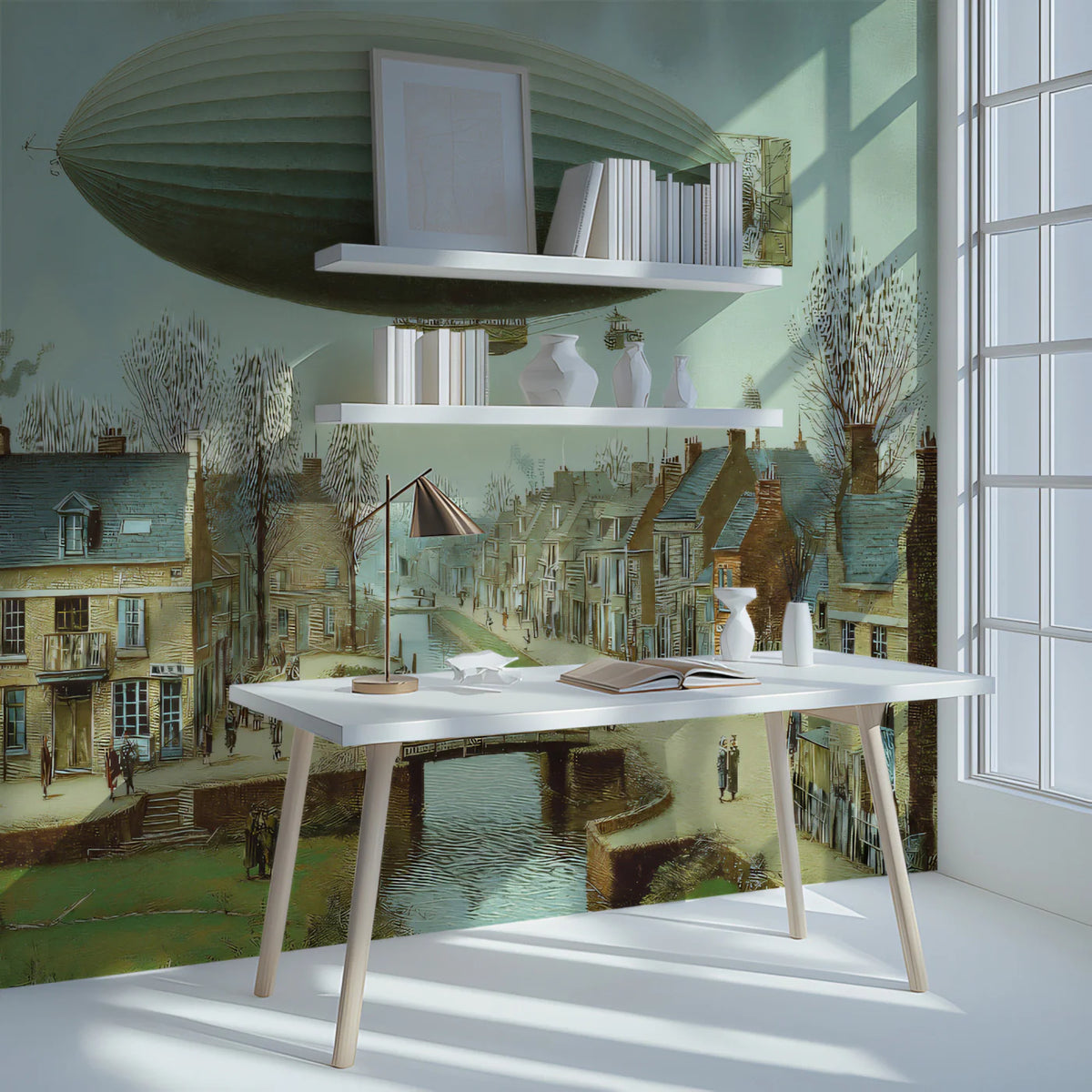 Vintage Airship Village Mural Wallpaper — Whimsical Canal Scene Mural Wallpaper - pure wallpaper artwork