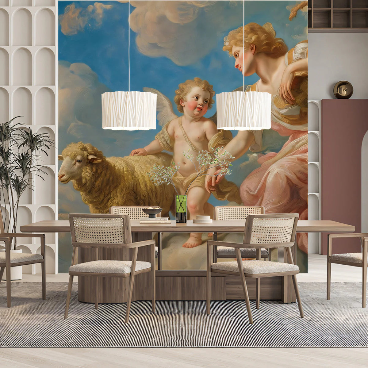 Renaissance Angel and Sheep Mural Wallpaper — Heavenly Cloud Design Mural Wallpaper - pure wallpaper artwork