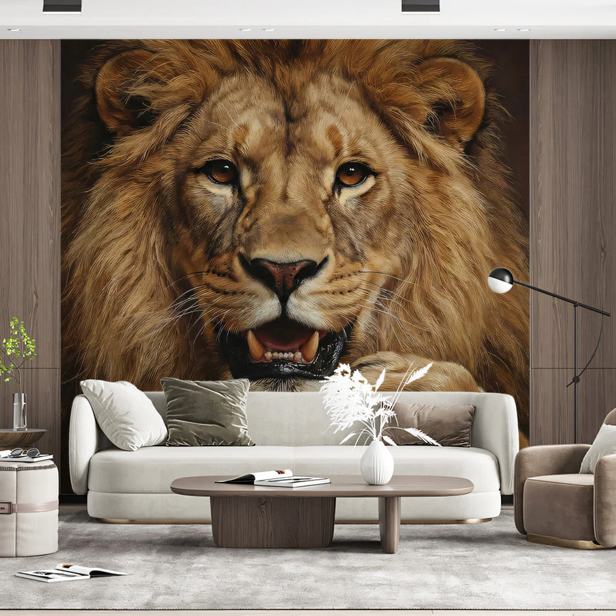 Majestic Lion Portrait Mural Wallpaper —Dark Realistic Wildlife Mural Wallpaper