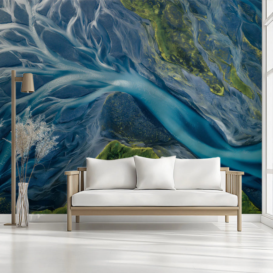 Glacial River Delta Mural Wallpaper — Aerial Nature Pattern Mural Wallpaper