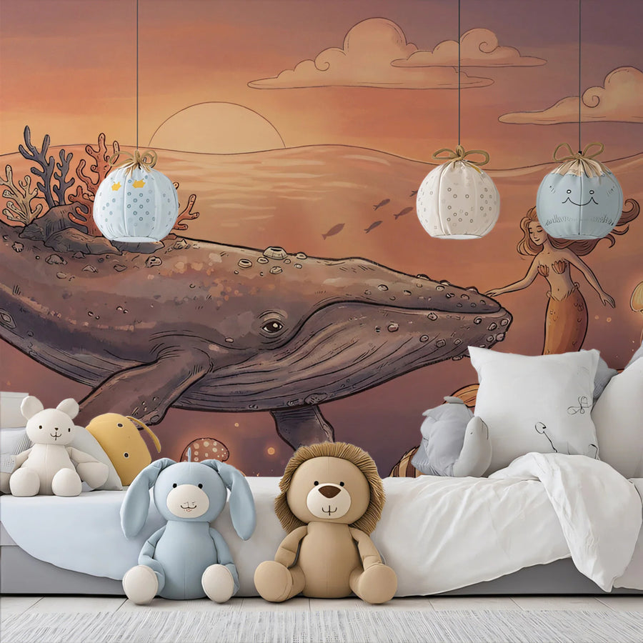 Whale and Mermaid Sunset Mural Wallpaper — Whimsical Fantasy Scene Mural Wallpaper