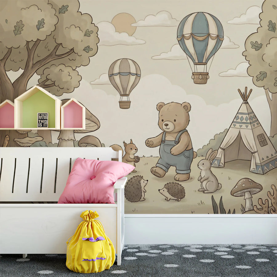 Woodland Friends Mural Wallpaper — Playful Sepia Adventure Mural Wallpaper