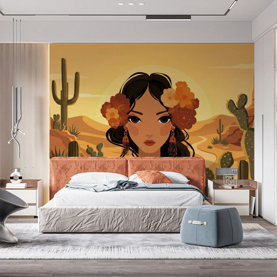 Desert Bloom Portrait Mural Wallpaper — Bohemian Sunset Art Mural Wallpaper