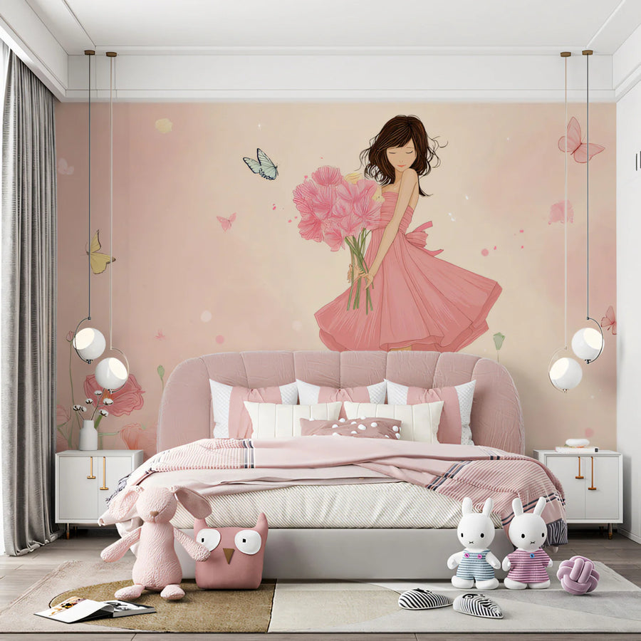 Poppy Meadow Girl Mural Wallpaper — Whimsical Fashion Illustration Mural Wallpaper