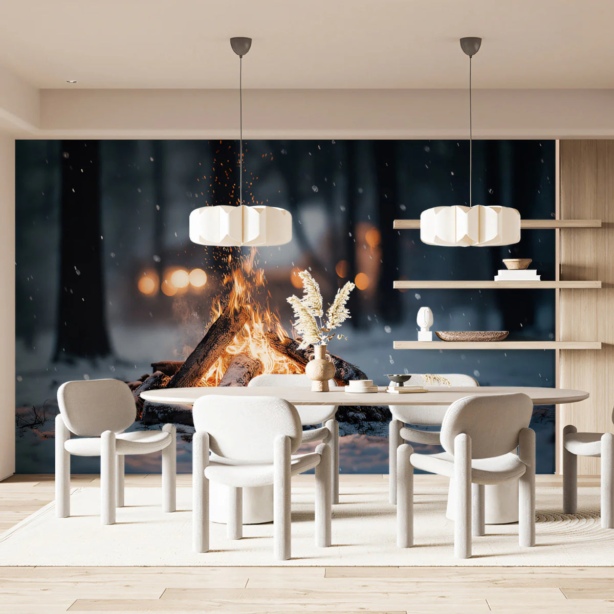 Snowy Campfire Night Mural Wallpaper — Moody Winter Landscape Mural Wallpaper - pure wallpaper artwork
