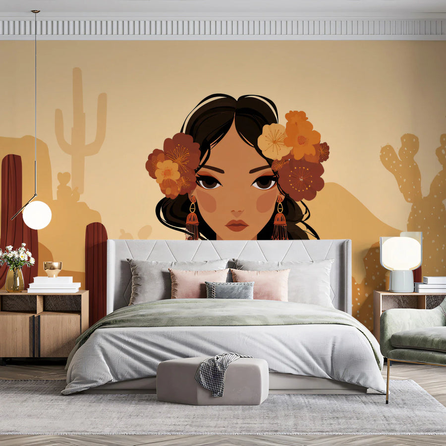 Desert Portrait Mural Wallpaper — Southwestern Boho Illustration Mural Wallpaper