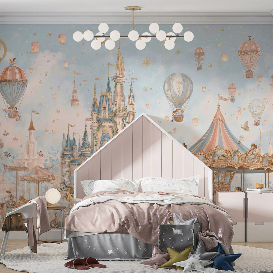 Fairytale Kingdom Mural Wallpaper — Whimsical Pastel Castle Design Mural Wallpaper