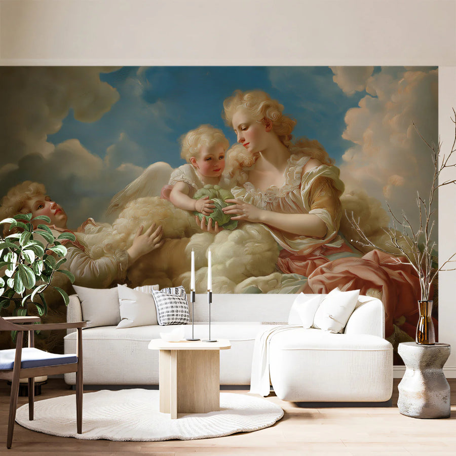 Renaissance Cherub and Mother Cloud Mural Wallpaper