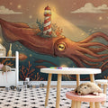 Giant Squid and Lighthouse Mural Wallpaper — Whimsical Nautical Mural Wallpaper - pure wallpaper artwork