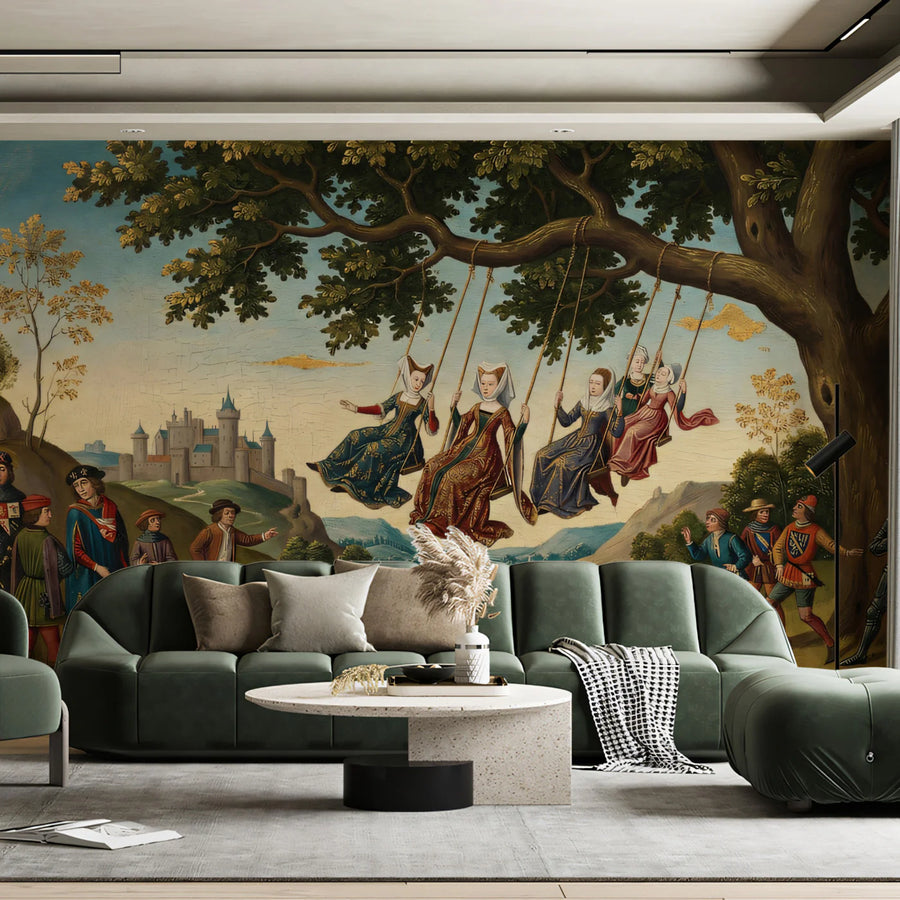 Medieval Courtly Life Mural Wallpaper — Vintage Oil Painting Style Mural Wallpaper
