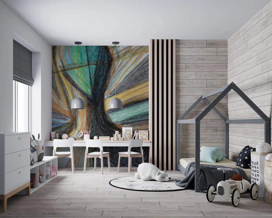 Abstract Crayon Sketch Mural Wallpaper — Expressive Artistic Design Mural Wallpaper