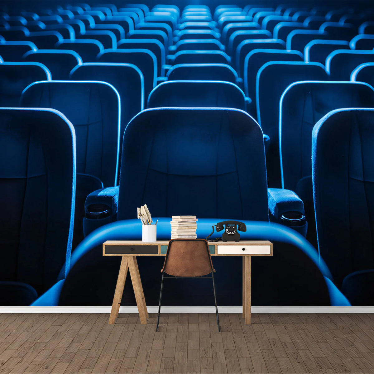 Cinema Premiere Rows Mural Wallpaper — Moody Blue Theater Scene Mural Wallpaper - pure wallpaper artwork