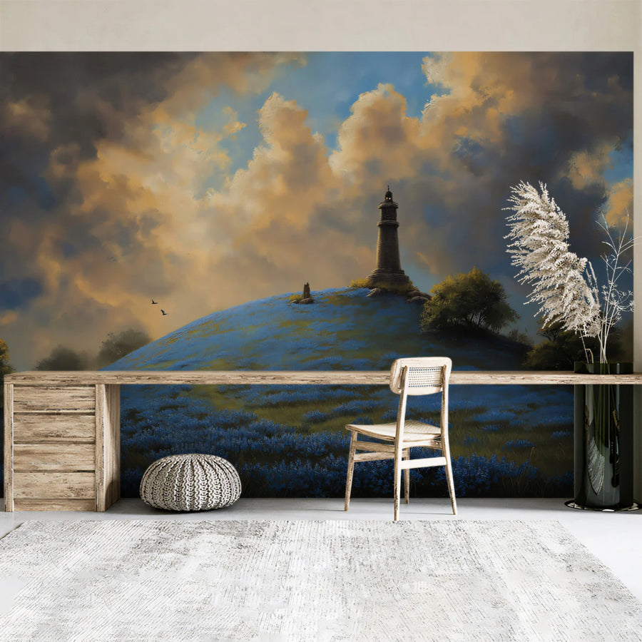 Coastal Lighthouse Hill Mural Wallpaper — Painterly Sunset Landscape Mural Wallpaper