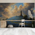 Coastal Lighthouse Hill Mural Wallpaper — Painterly Sunset Landscape Mural Wallpaper - pure wallpaper artwork