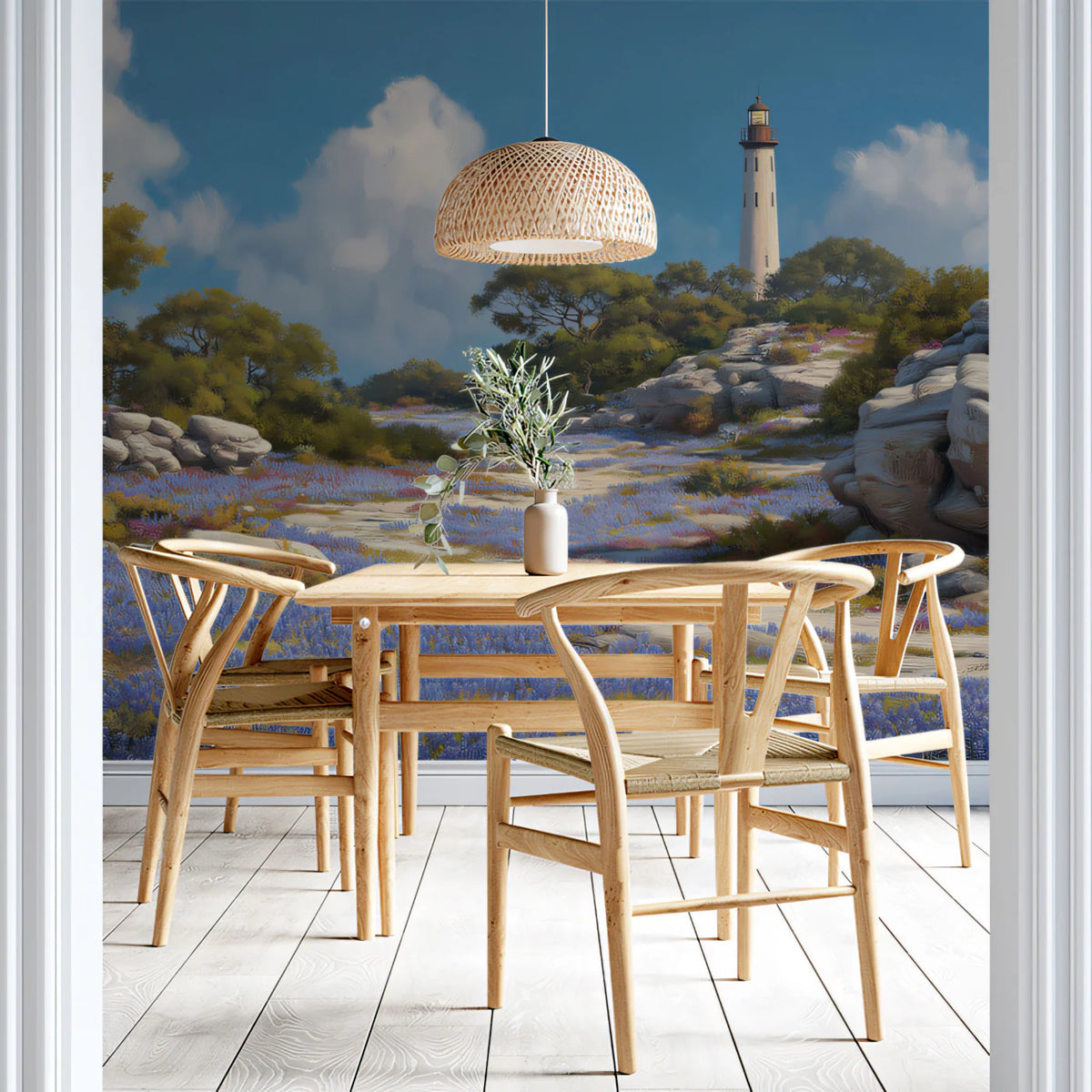 Coastal Lighthouse Path Mural Wallpaper — Impressionistic Landscape Mural Wallpaper - pure wallpaper artwork