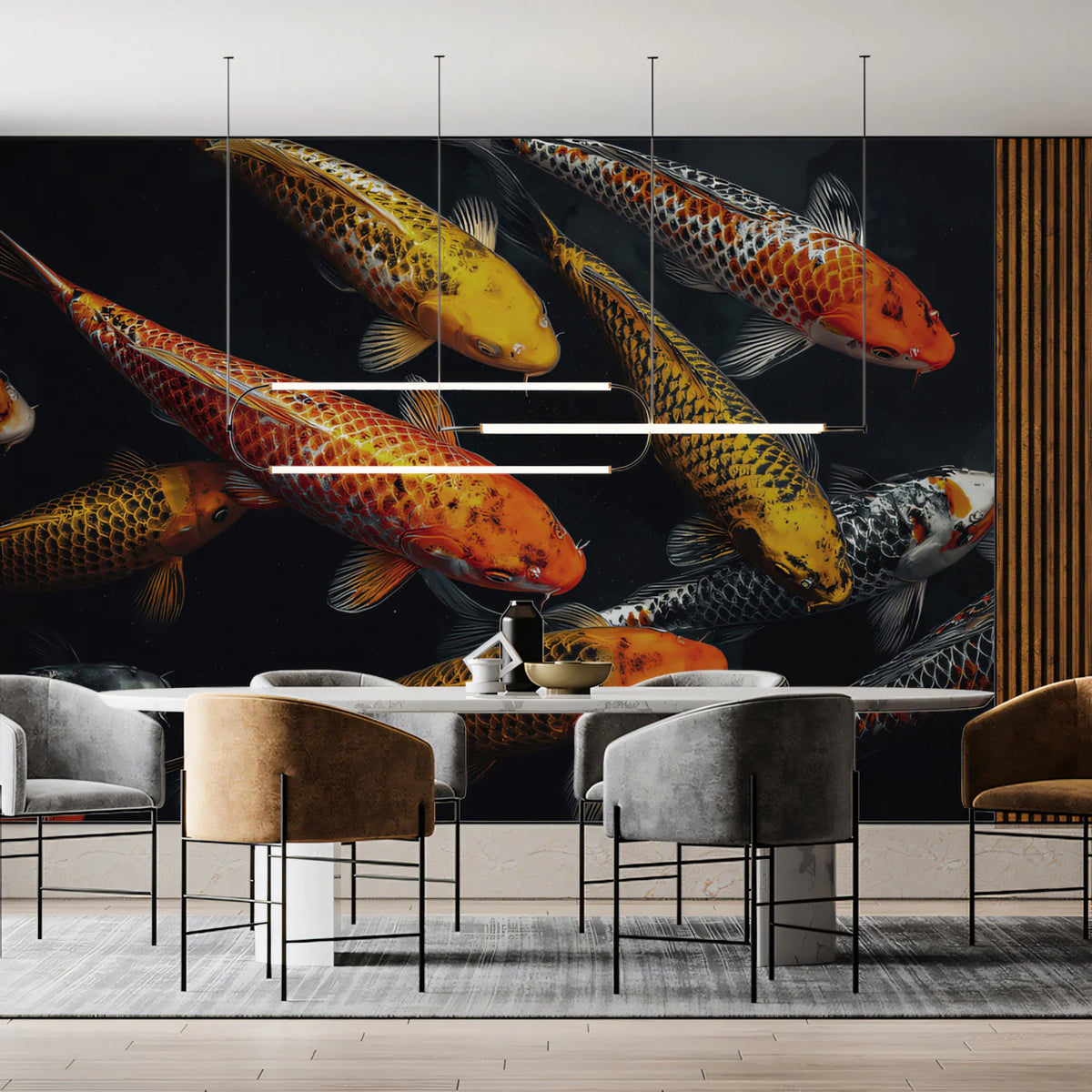 Koi Pond Swimming Mural Wallpaper — Bold High Contrast Aquatic Art Mural Wallpaper - pure wallpaper artwork