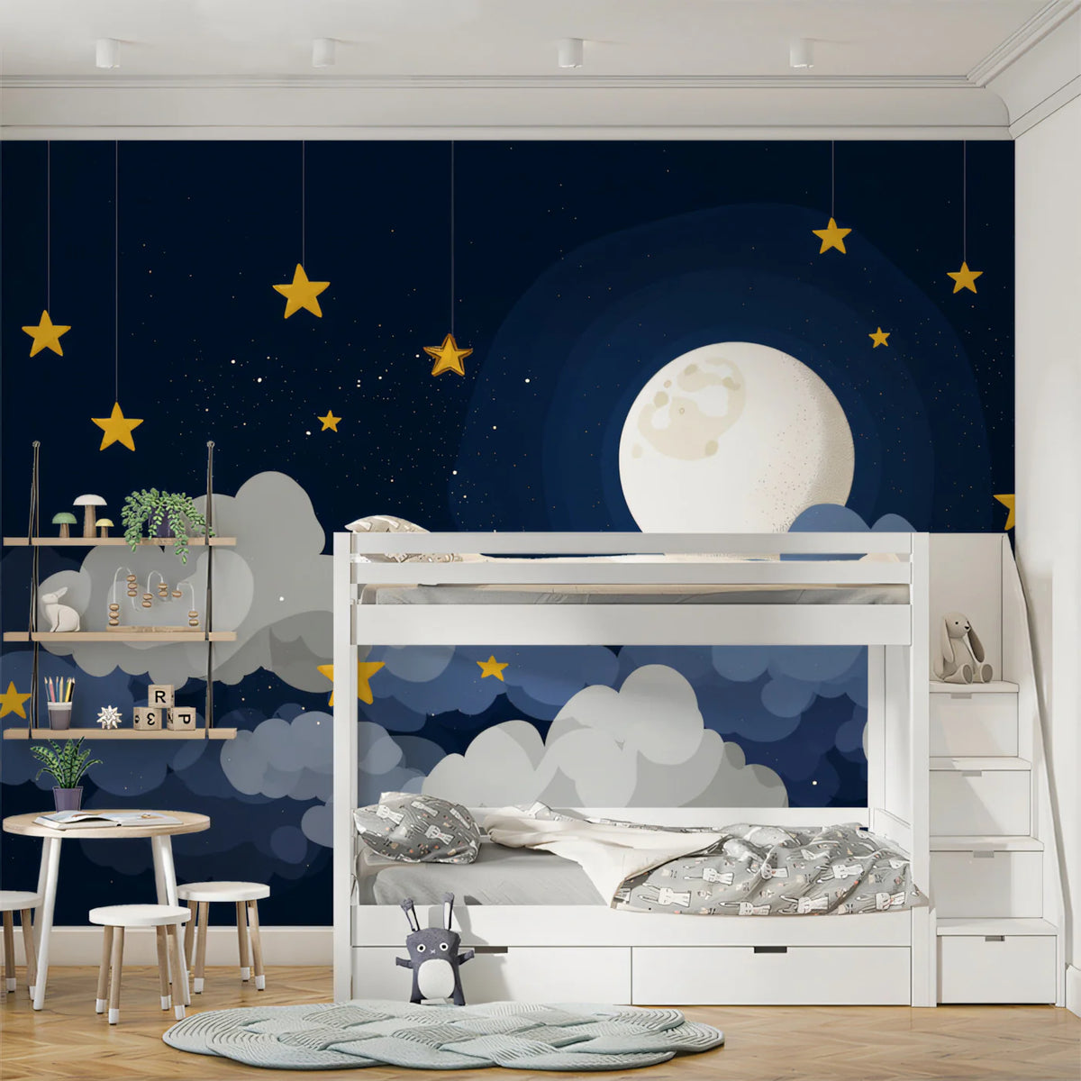 Hanging Stars and Moon Night Sky Mural Wallpaper — Whimsical Decor Mural Wallpaper - pure wallpaper artwork