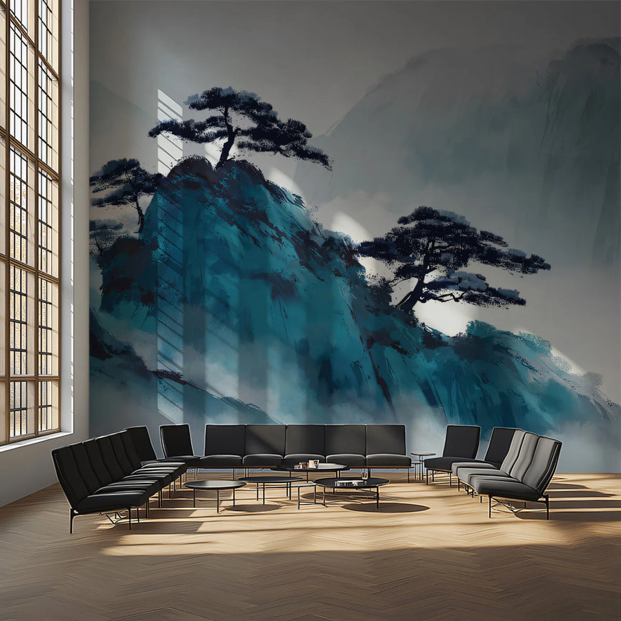 Ink Wash Mountain Pine Mural Wallpaper — Traditional Blue Landscape Mural Wallpaper