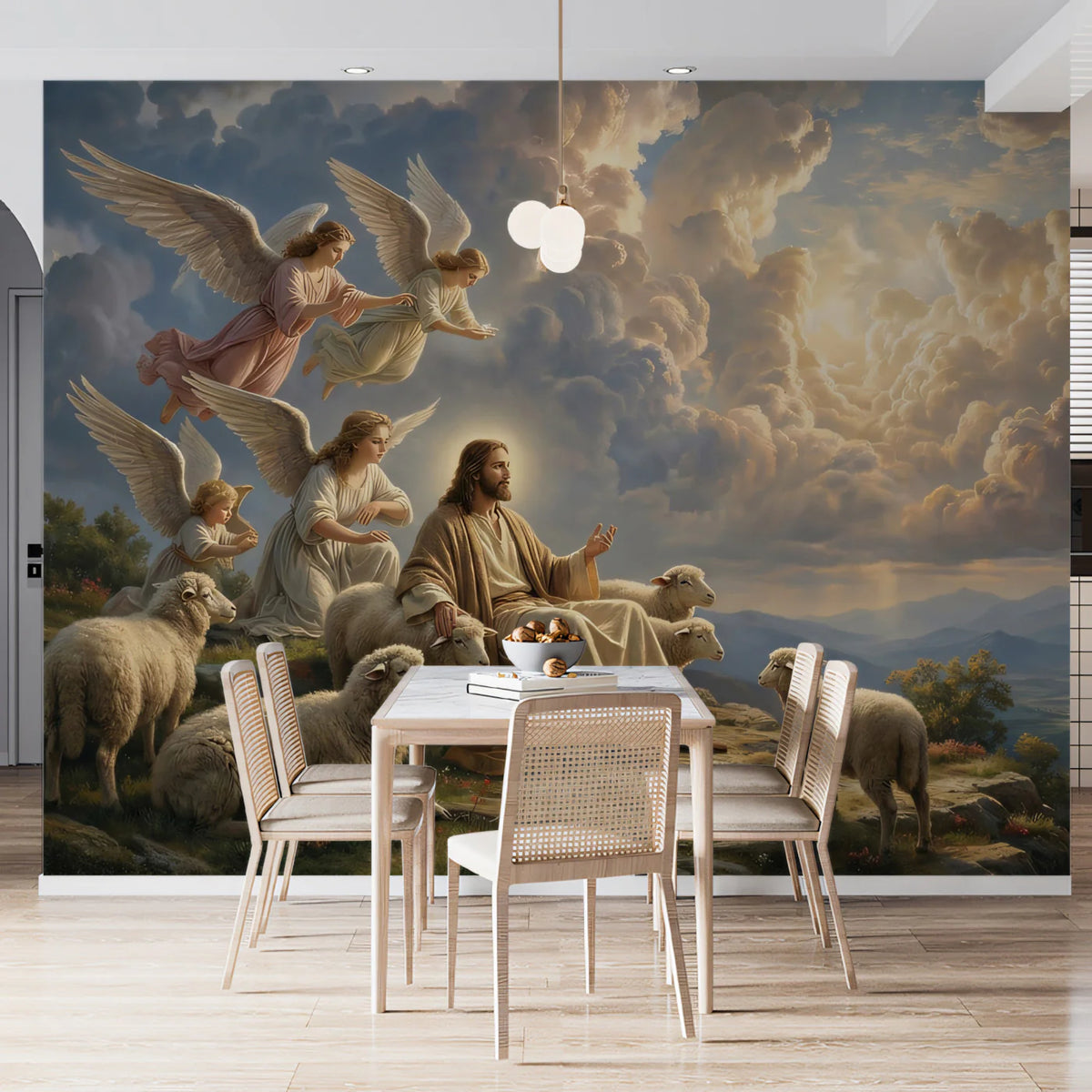 The Good Shepherd Mural Wallpaper — Heavenly Religious Scene Mural Wallpaper - pure wallpaper artwork