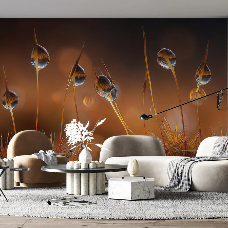 Macro Moss Dewdrop Mural Wallpaper — Warm Nature Fantasy Mural Wallpaper