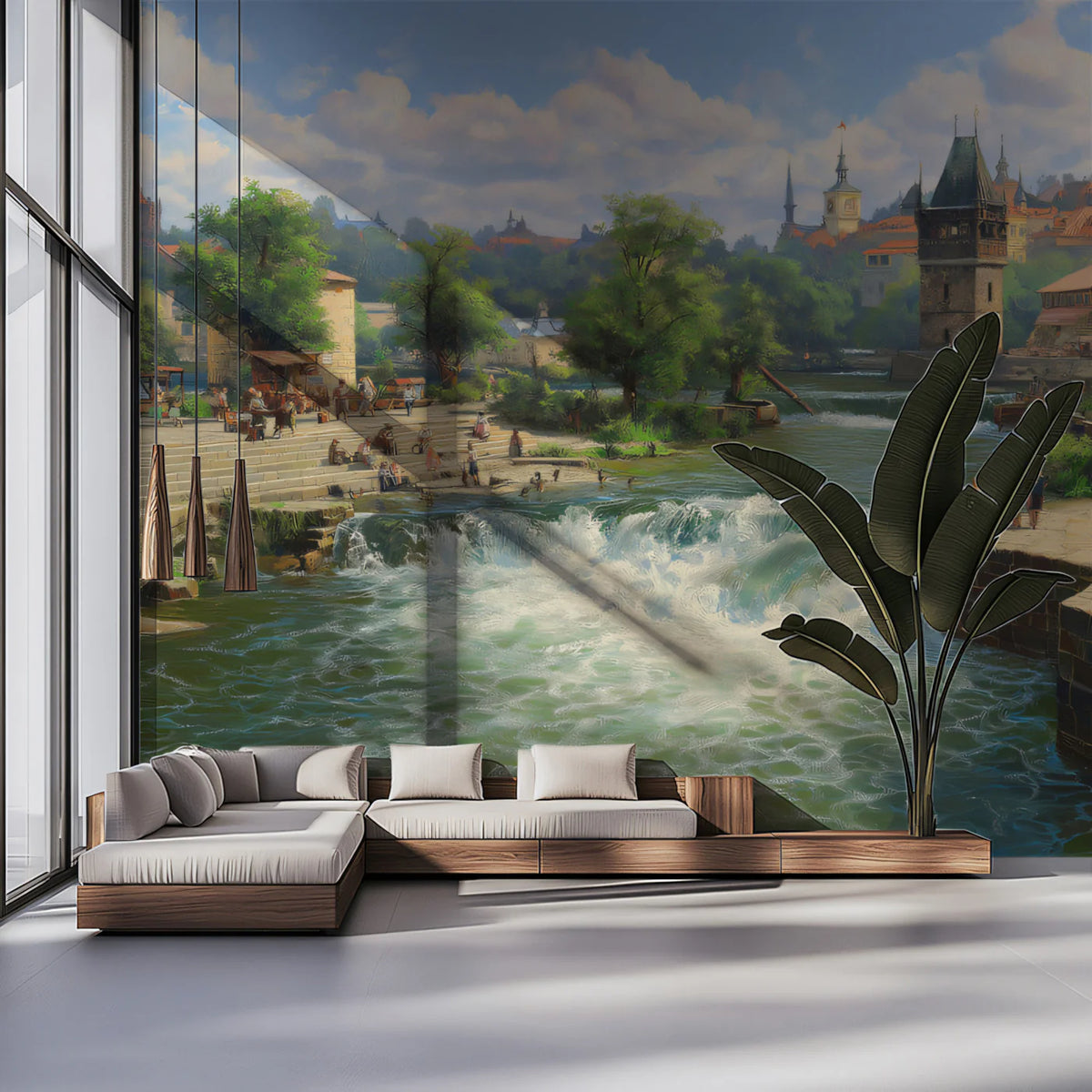 Old European River Town Mural Wallpaper — Artistic Cityscape Mural Wallpaper - pure wallpaper artwork