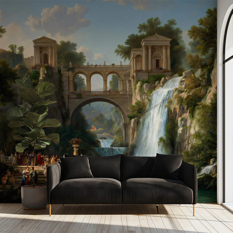 Classical Waterfall & Roman Ruins Mural Wallpaper — Oil Painting Style Mural Wallpaper