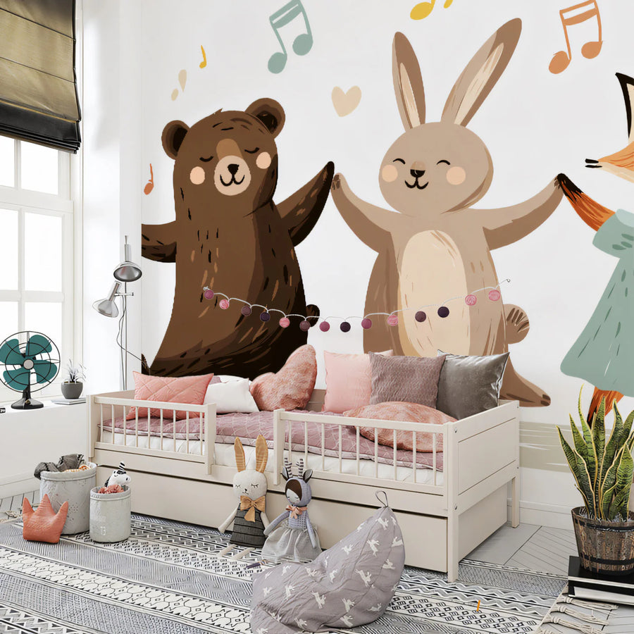 Dancing Woodland Friends Mural Wallpaper — Playful Musical Illustration Mural Wallpaper