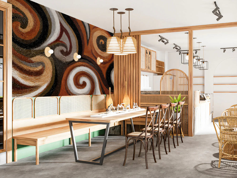 Embroidered Swirl Mural Wallpaper — Textured Copper and Charcoal Mural Wallpaper