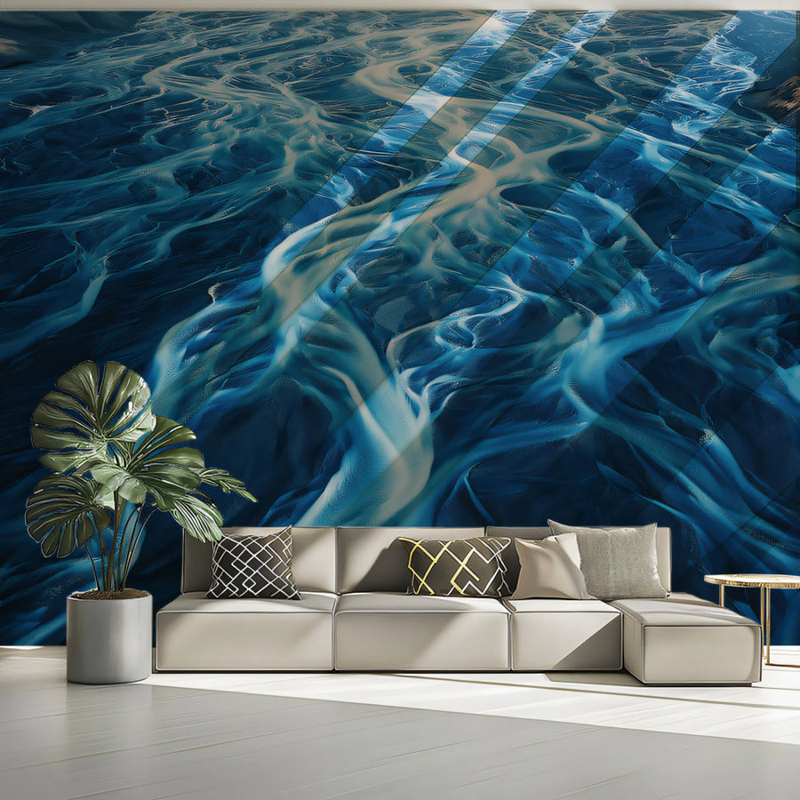 Glacial River Aerial Landscape Mural Wallpaper — Moody Blue Mural Wallpaper