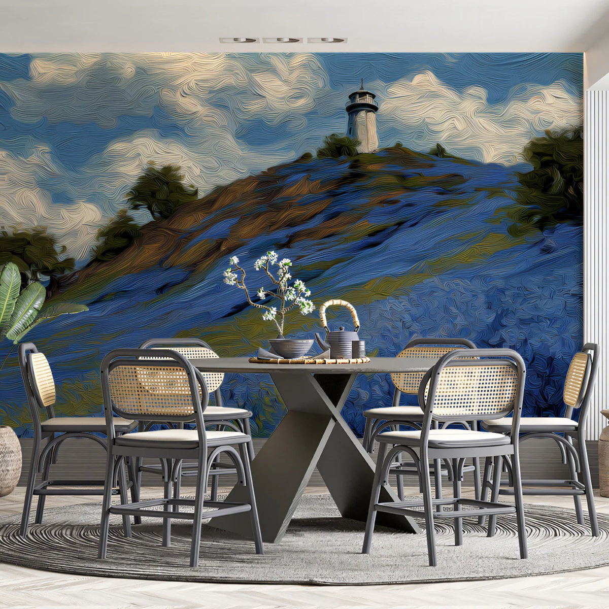 Coastal Lighthouse Landscape Mural in Oil Painting Style Mural Wallpaper - pure wallpaper artwork