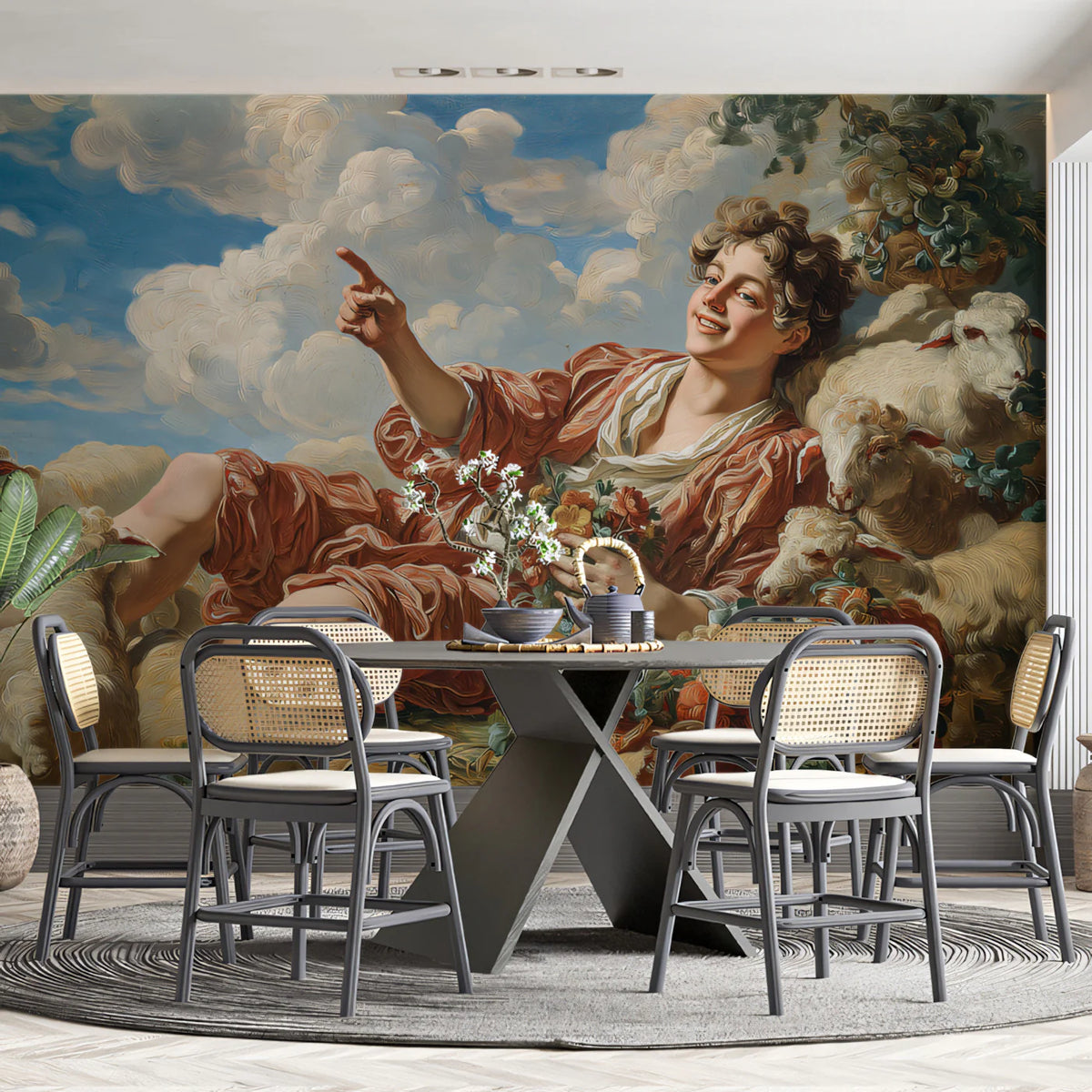 Shepherd Boy & Sheep Mural Wallpaper — Whimsical Rococo Art Mural Wallpaper - pure wallpaper artwork