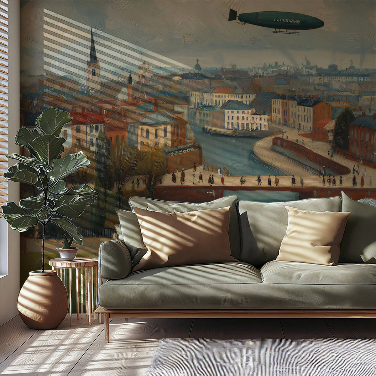 Vintage Zeppelin Cityscape Mural Wallpaper — Impressionist Style Mural Wallpaper - pure wallpaper artwork