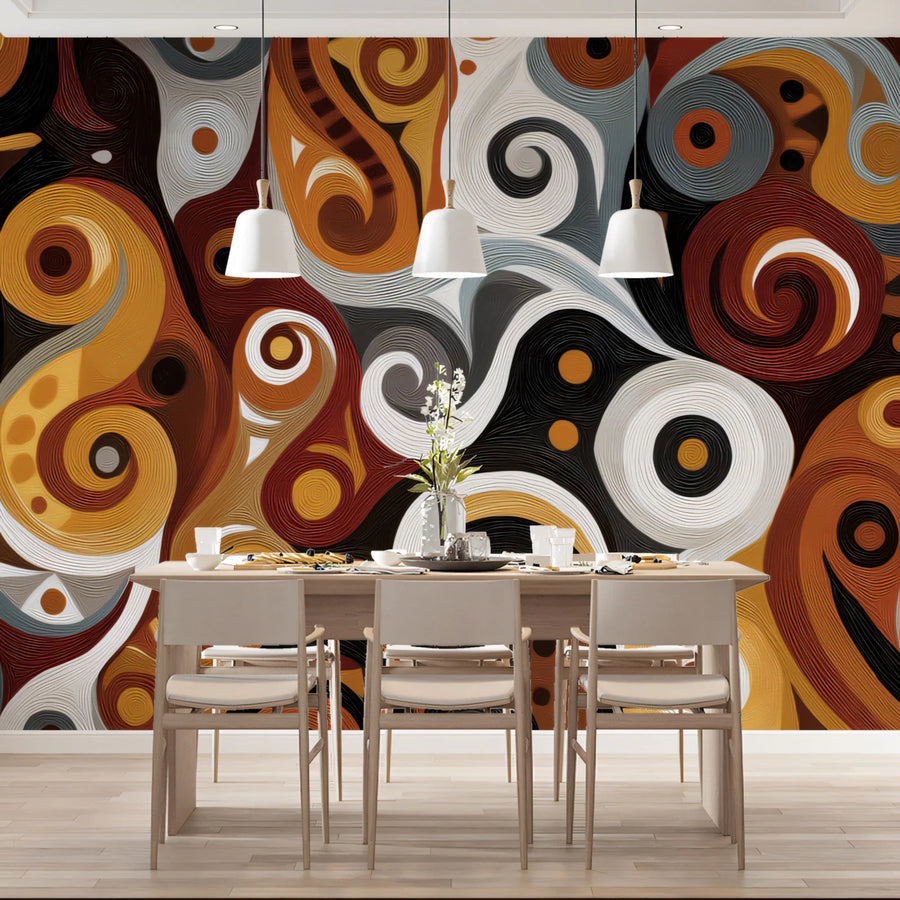 Tribal Abstract Swirls Mural Wallpaper — Earth Tone Art Mural Wallpaper