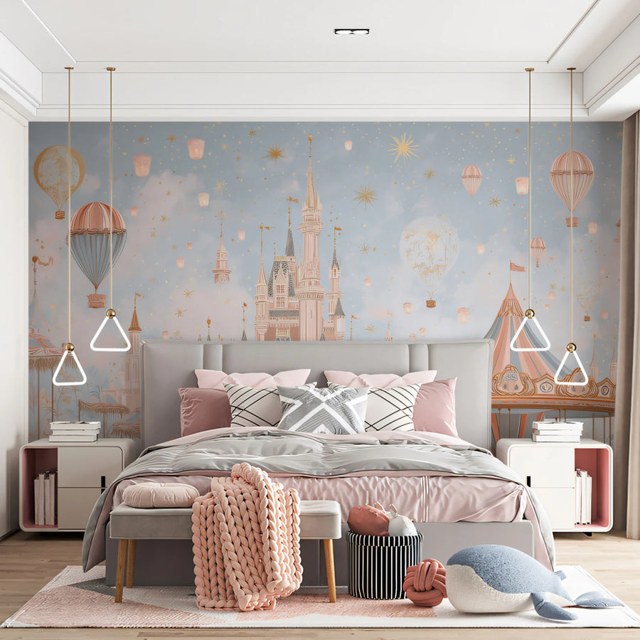 Fantasy Castle & Carousel Mural Wallpaper — Whimsical Pastel Scene Mural Wallpaper
