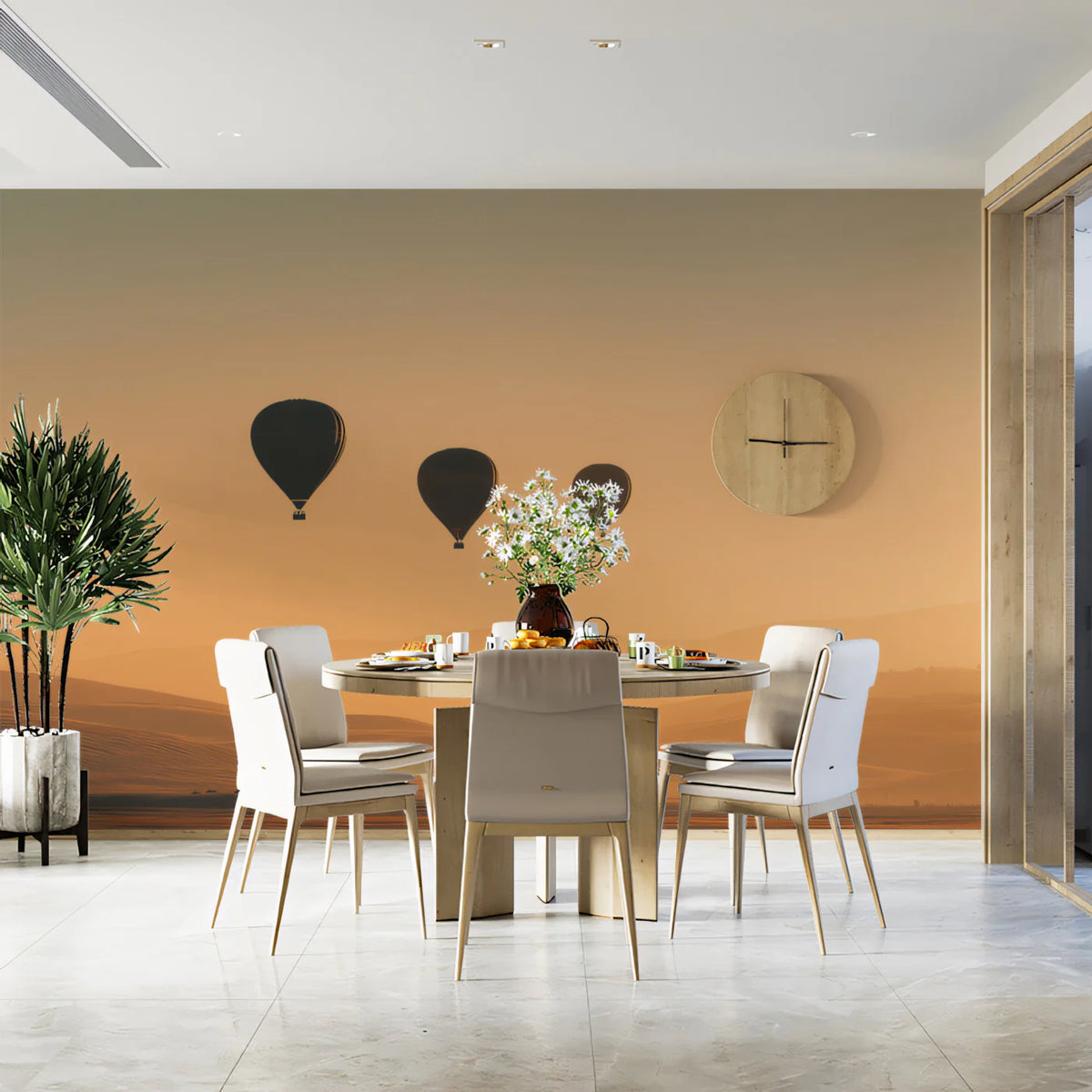 Golden Hour Hot Air Balloon Mural Wallpaper — Hazy Sunset Landscape Mural Wallpaper - pure wallpaper artwork
