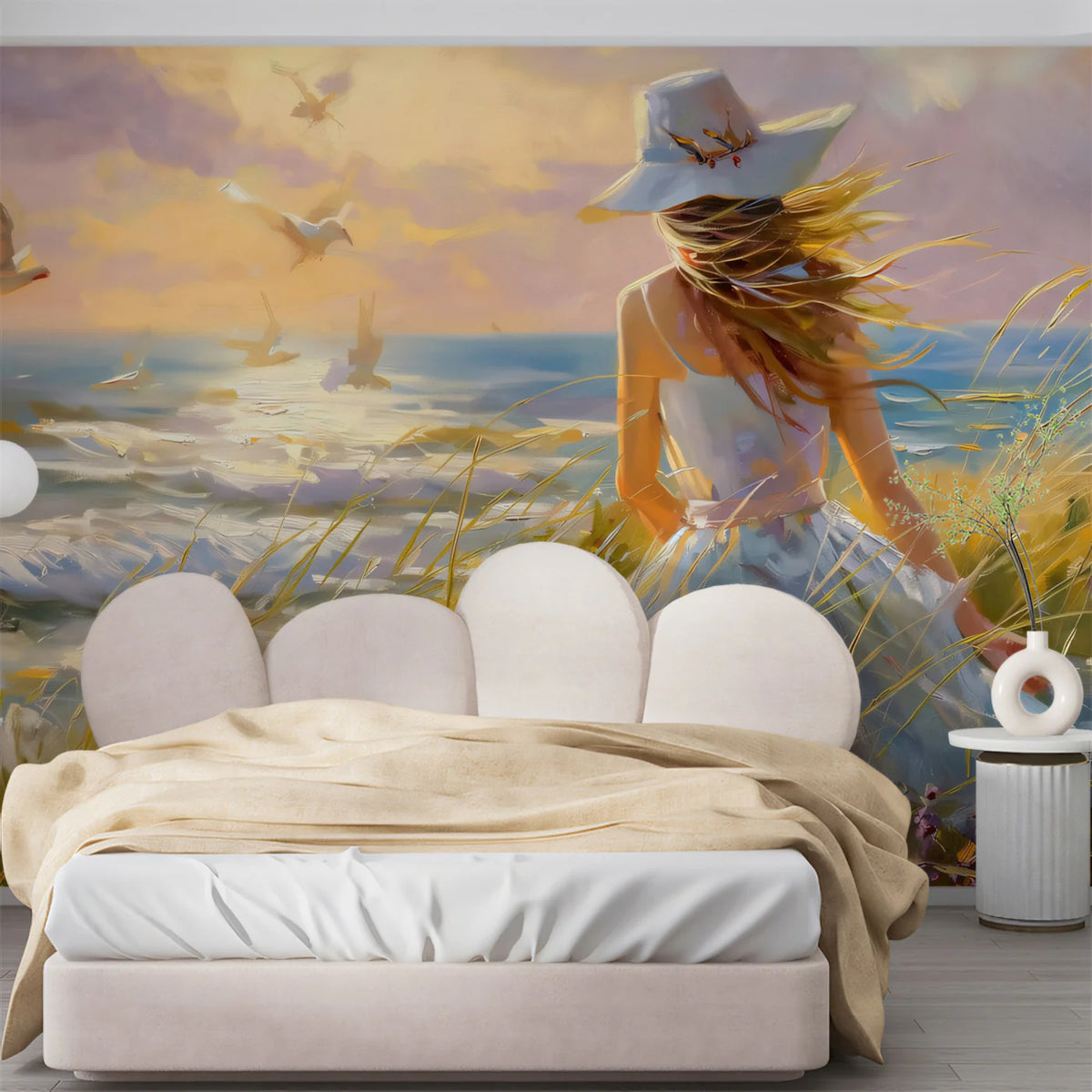 Coastal Impressionist Seaside Mural Wallpaper — Summer Morning Scene Mural Wallpaper - pure wallpaper artwork