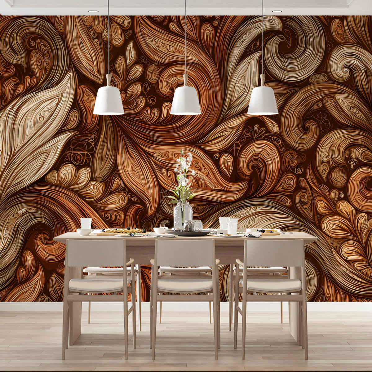 Acanthus Scrollwork Mural Wallpaper — Warm Bronze Artistic Design Mural Wallpaper - pure wallpaper artwork
