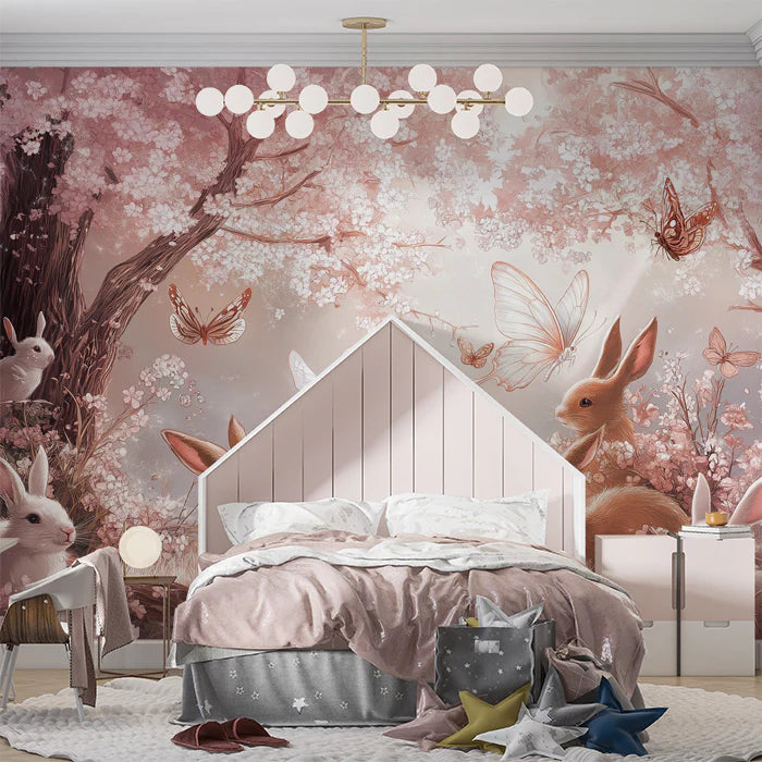 Sakura Meadow Bunny Mural Wallpaper — Whimsical Woodland Scene Mural Wallpaper - pure wallpaper artwork
