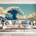 The Great Wave off Kanagawa Inspired Mural Wallpaper in Living Room Blue, White, and Beige Great Wave Mural Wallpaper - pure wallpaper artwork