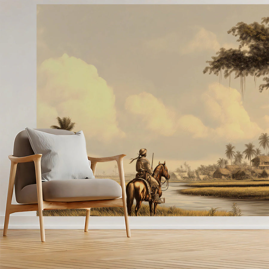 Vintage River Landscape Mural Wallpaper — Sepia Explorer Scene Mural Wallpaper