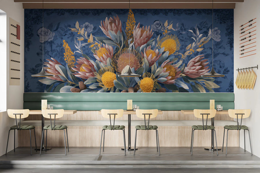 Vintage Protea and Banksia Floral Mural Wallpaper — Indigo Botanical Mural Wallpaper